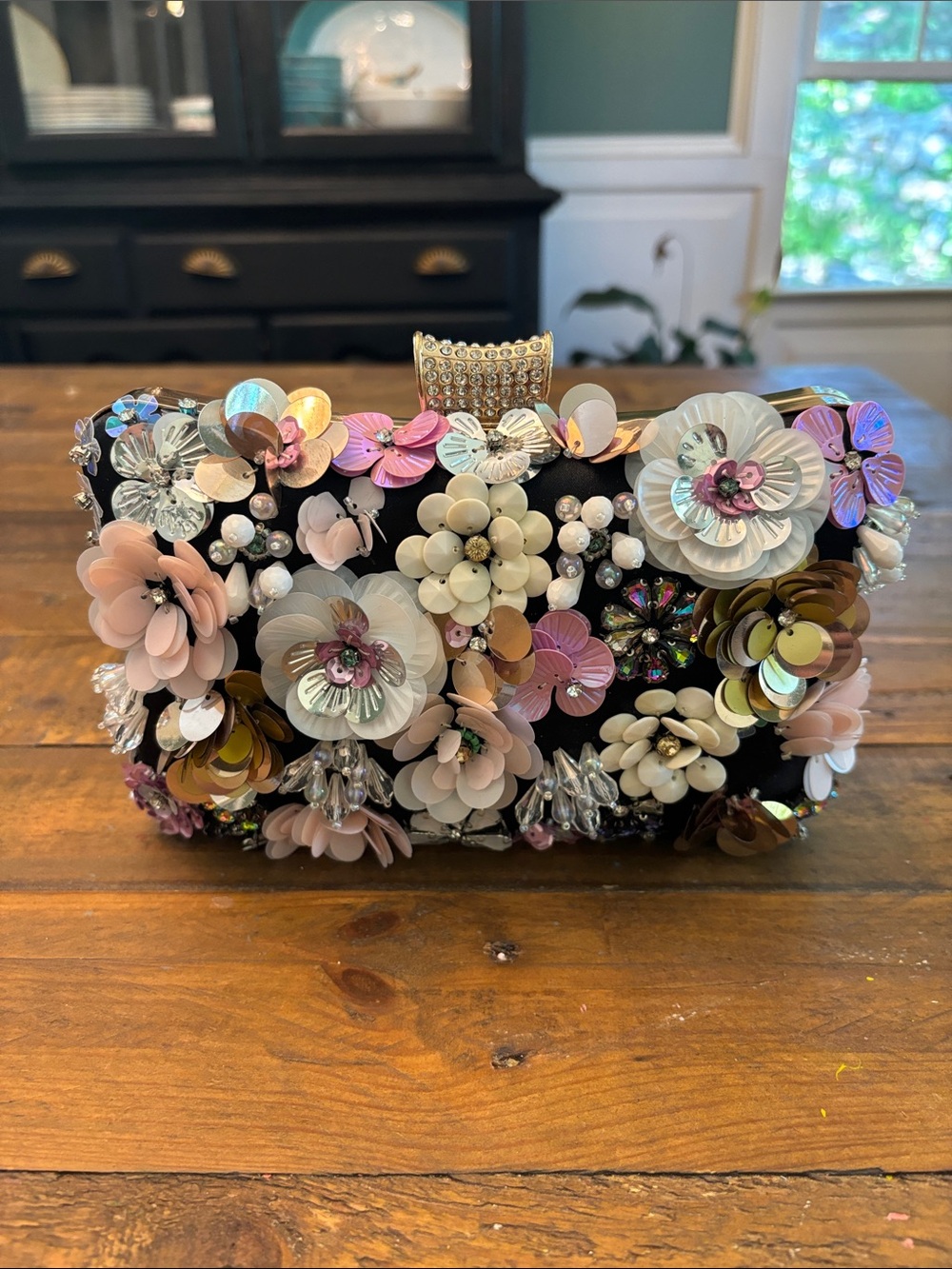 Embellished Floral Sequin Evening Clutch - Black & Pastel